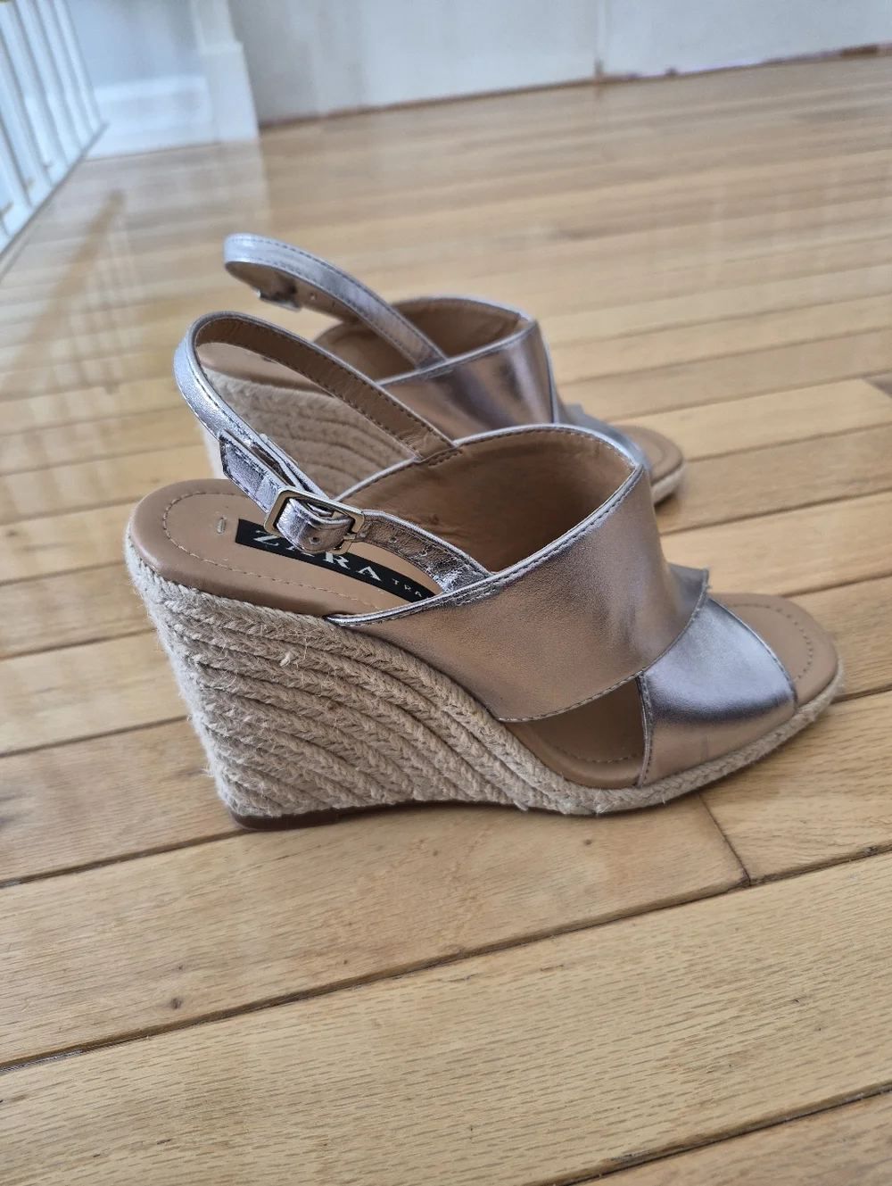 Zara TRF Metallic Silver Espadrille Wedge 37 Sandals Slingback Platform Mrtallic - Picture 4 of 15